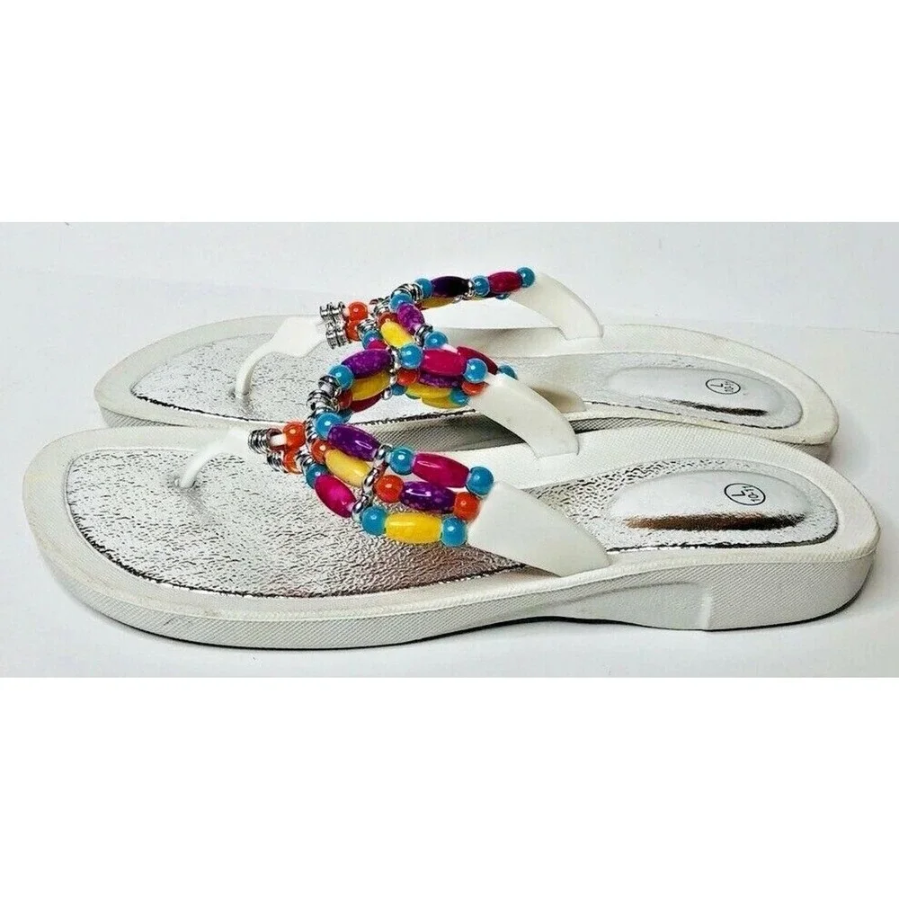 Womens White Rubber Colorful Beaded Thong Waterproof Flip‎ Flop Sandals L 10/11